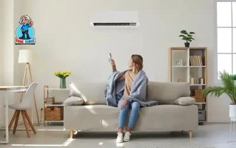 A woman on a sofa adjusts a wall-mounted AC unit with a remote in a bright living room
