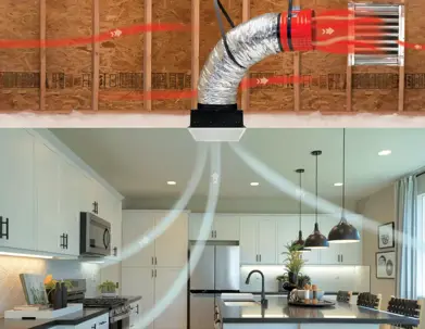 An attic fan system pulls air from a modern kitchen.
