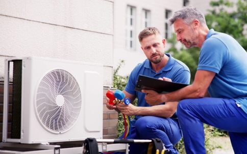Two HVAC technicians inspect an outdoor air conditioner