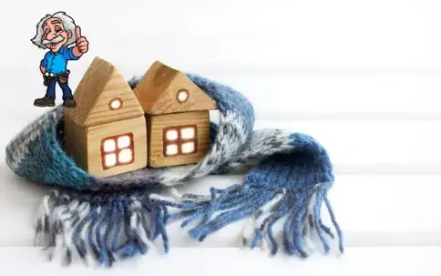 An older cartoon handyman gives a thumbs up to two miniature houses snugly wrapped in a knitted scarf, illustrating efficient home heating