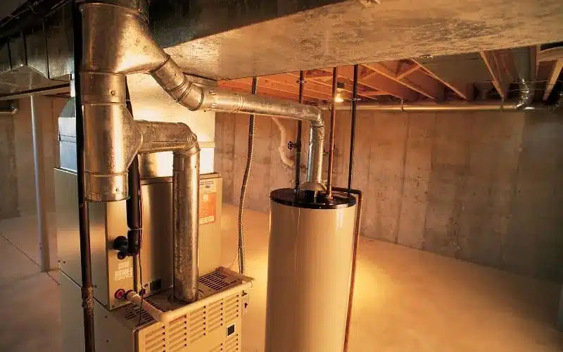 View of a clean basement utility room. It features a modern furnace with extensive ductwork and a tall water heater, representing key home heating systems.