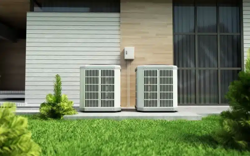 A pair of modern outdoor HVAC units stand beside a house on a sunny day, with green grass in the foreground.