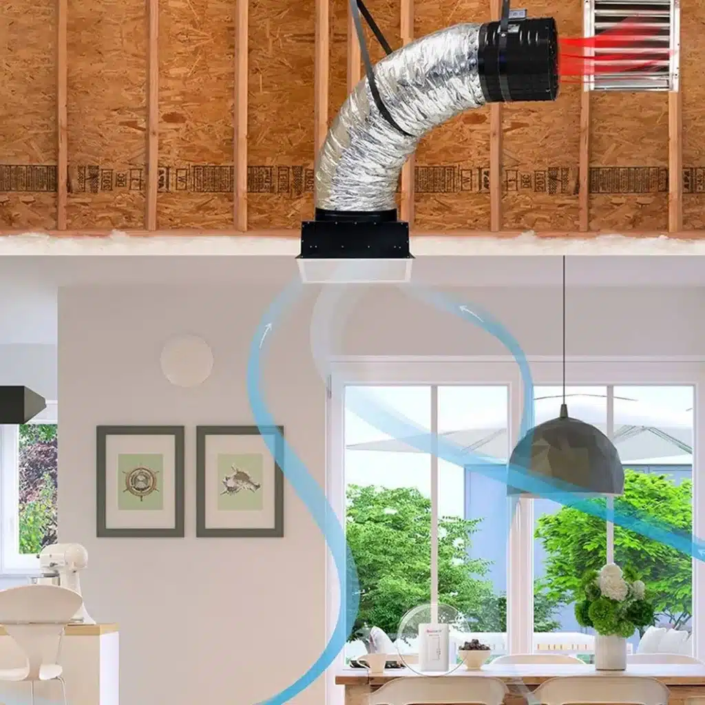 An attic fan system pulls air from a modern kitchen