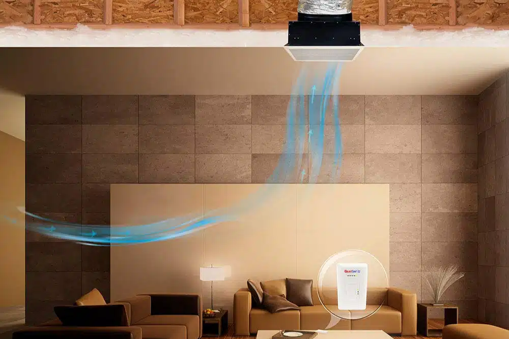 Living room illustrates air circulation from a ceiling
