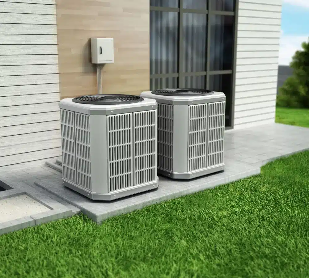 Two new gray outdoor air conditioning units